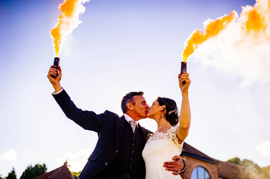 Colorful smoke bomb wedding photography