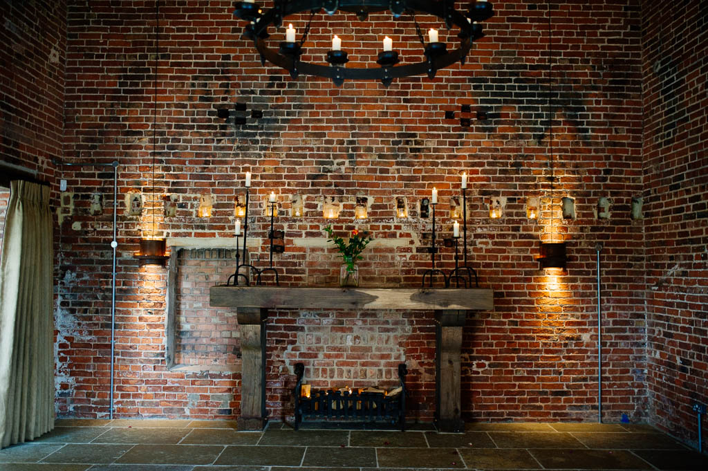 Feature fireplace insde the main barn at Hazel Gap Wedding Barn near Worksop in Nottinghamshire