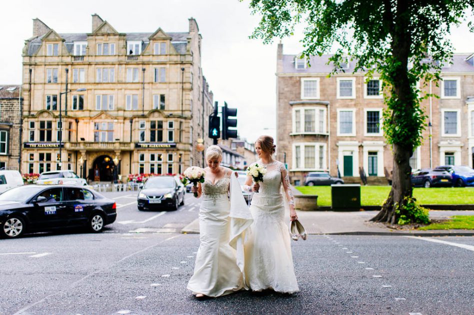 Two brides walking in Harrogate