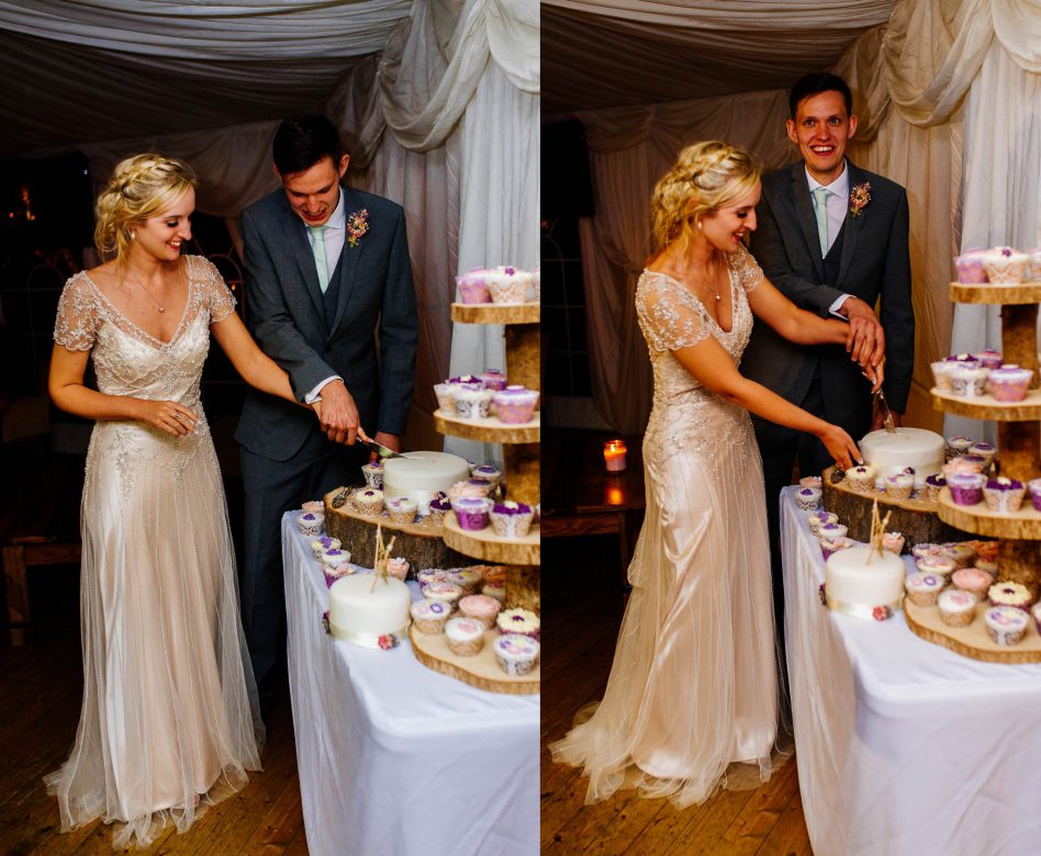 Bride and groom cutting wedding cake at Fishlake Mill