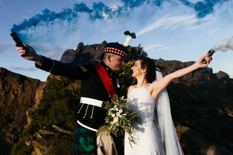Bride and groom at Arthurs Seat in Edinburgh