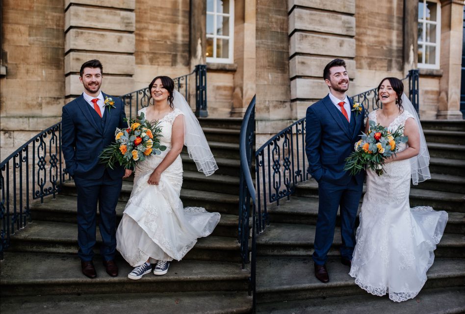 Bride and groom posing at the staircase outside Cusworth Hall wedding venue