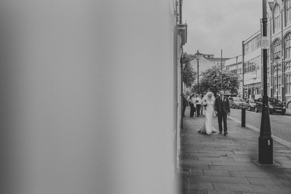 Bride and Groom walking in Doncaster Town Centre