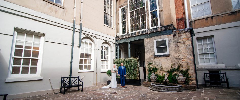 Wedding photos in courtyard at back of Priory Place in Doncaster