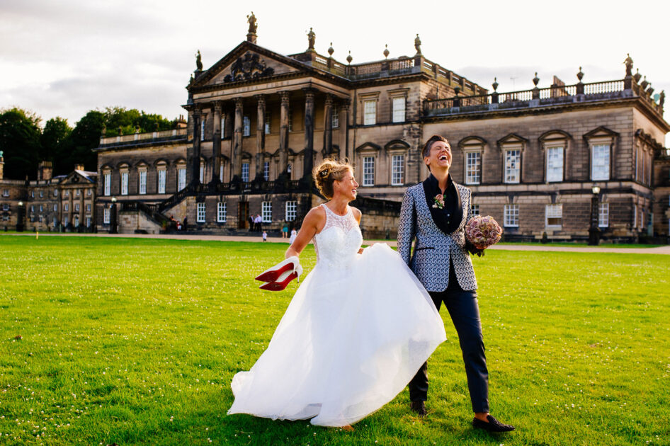 Two brides outside Wentworth Woodhouse wedding venue