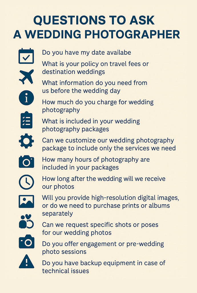 Infographic with full list of questions to ask your wedding photographer.