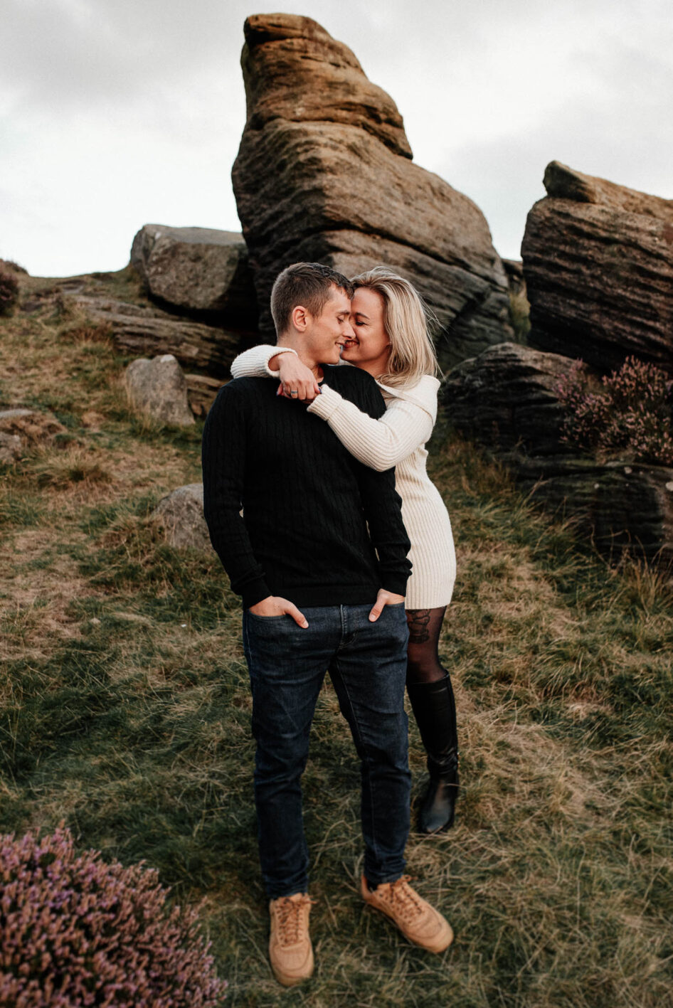 A young couple during their engagement photo shoot in the Peaks outside Sheffield